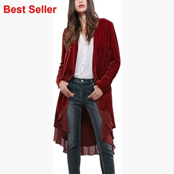 Long Sleeve Velvet Cardigan Coat with Asymmetric Chiffon Hem - Picture 1 of 6